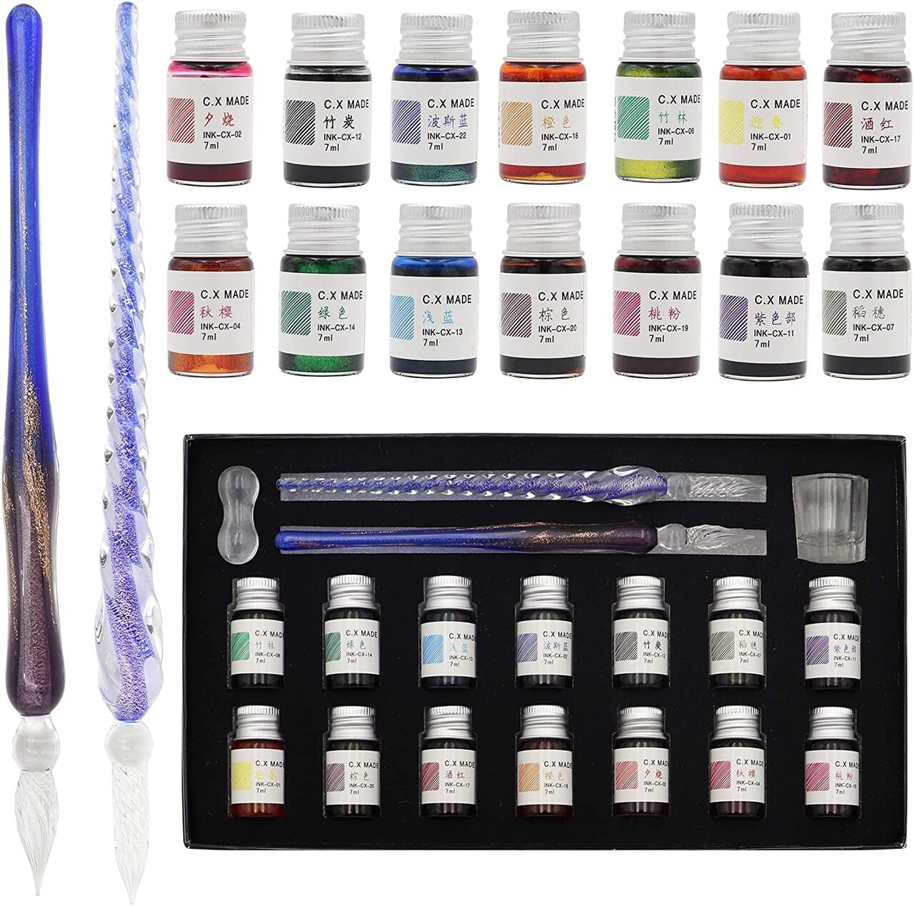 Glass Dip Calligraphy Pen Set, 18-Pieces 14 Color Inks, Pen Holder,  Cleaning Cup, 2 Crystal Glass Pens for Art, Writing, Drawing, Signatures,  Gift for Kids and Artist